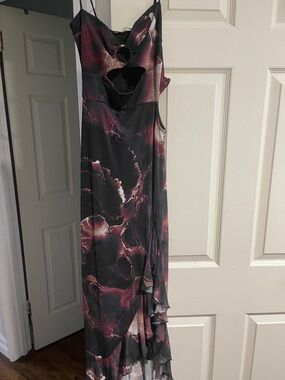 Black and Burgundy Floral Maxi Dress with Front Cutout and Ring Accent